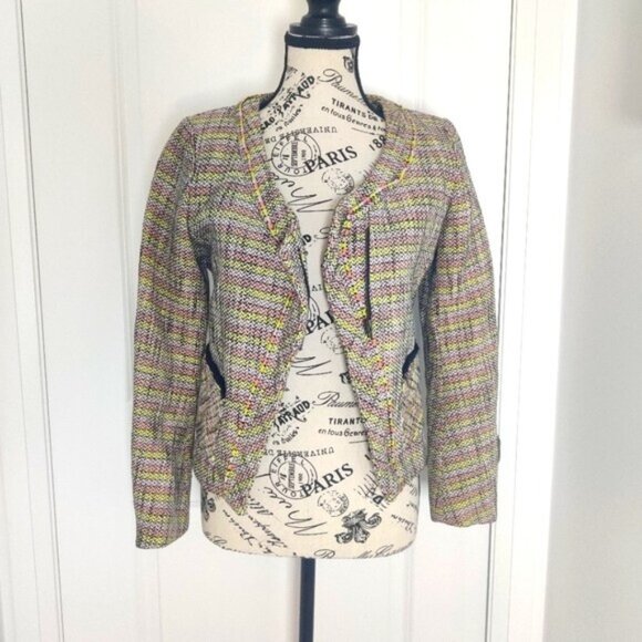 Maje Gray and Yellow Tweed Cropped Blazer, Size 36 β Modern Collarless Design - Picture 2 of 9